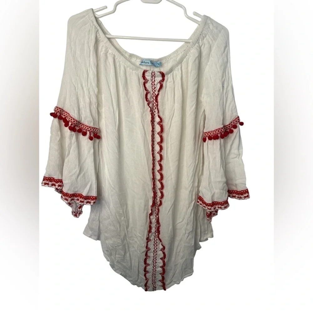 Solitaire Swim Coverup Medium White Red Crochet Top Dress